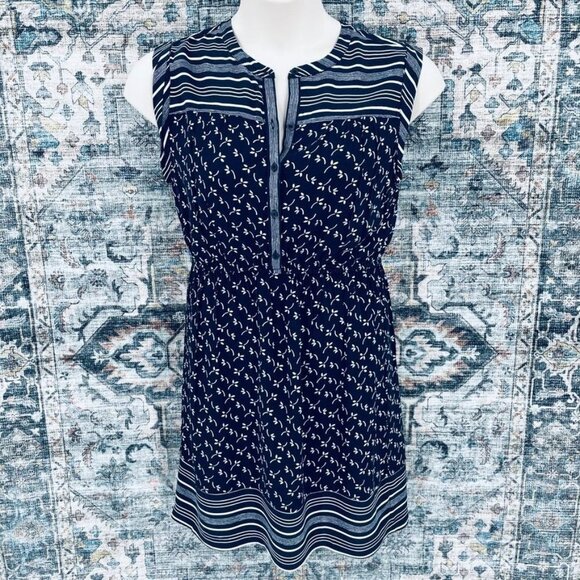 Loft Outlet Shift Dress Size M Petite  Navy White Elastic Waist Sleeveless - Picture 1 of 8